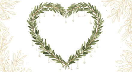 Olive leaf heart wreath with hanging pearls on white background