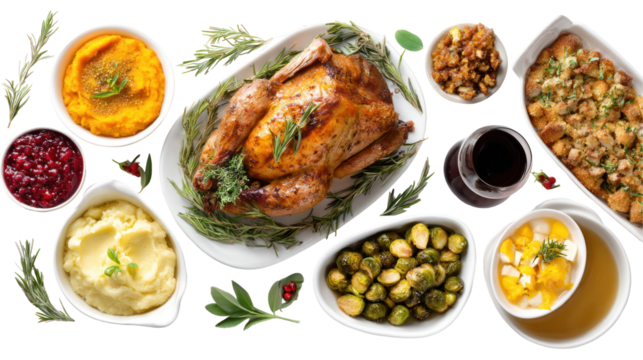 Thanksgiving dinner concept image with multiple food items on white background

