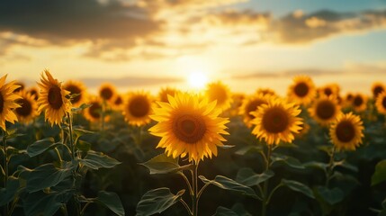 Obraz premium Vibrant Sunflower Field at Sunset with Golden Sky and Blooms