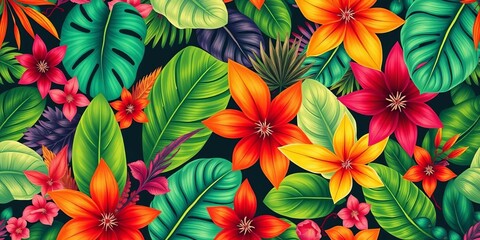 Fototapeta premium Vibrant tropical foliage, floral seamless pattern , lush, wallpaper