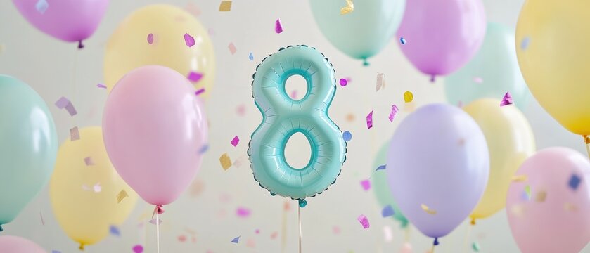 Birthday celebration with colorful balloons and number 8 foil balloon, festive decorations, joyful event, party atmosphere, childrenâ€™s birthday party themes.
