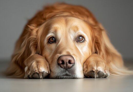 Golden retriever dog with sad expression resting on the floor - Powered by Adobe