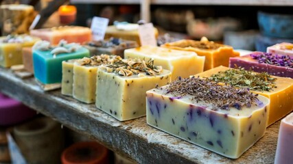 Colorful artisan soap display with natural ingredients and textures - Powered by Adobe