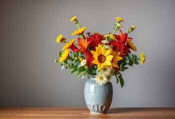 Vibrant red & yellow waratahs, eucalyptus, waxflower bouquet in a grey vase ,  photography,  grey vase