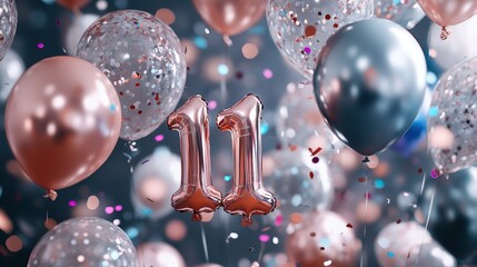 Balloons in various colors floating with number 11, party decorations for birthday celebration, festive event, celebration theme, special occasion background.
