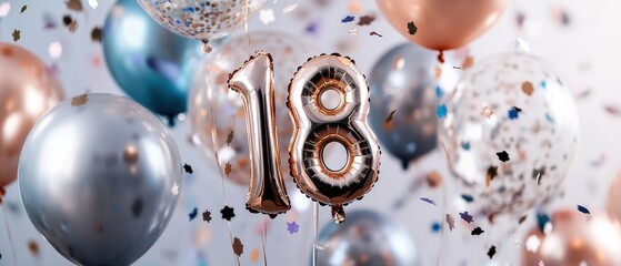 Balloons and confetti for 18th birthday celebration with metallic number balloons, festive decoration, party supplies, and vibrant colors for a memorable event.