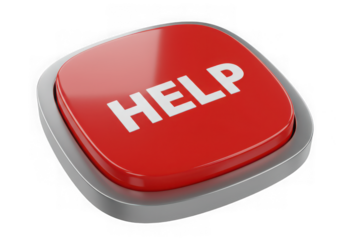 Red help button isolated on transparent background for assistance, support and emergency use cases.