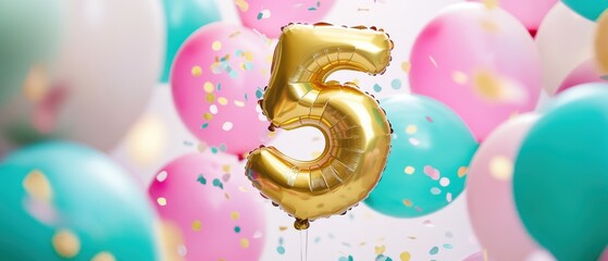 Balloon number five birthday party celebration with colorful pastel balloons and confetti for childrens milestone events and joyful moments together.