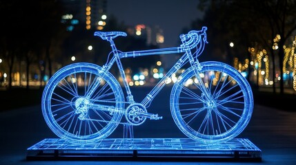 Illuminated bicycle sculpture.  Cityscape background