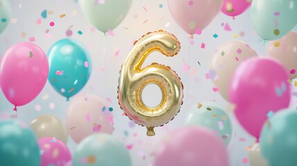 Balloon decorations for birthday party with number 6 in gold foil, colorful balloons in pink and blue, festive confetti background for celebration themes.