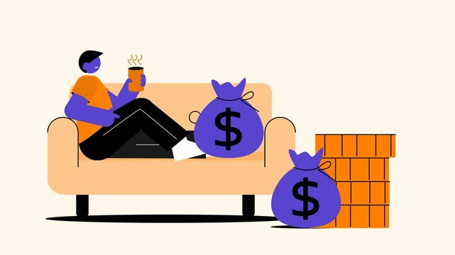A person relaxing on a sofa with money falling around, representing financial freedom and passive income