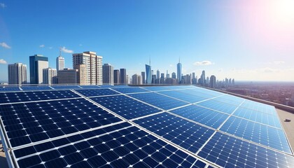 Sleek solar panels blanket a city rooftop, downtown skyline and vibrant blue sky visible in the background,  cityscape, solar panels
