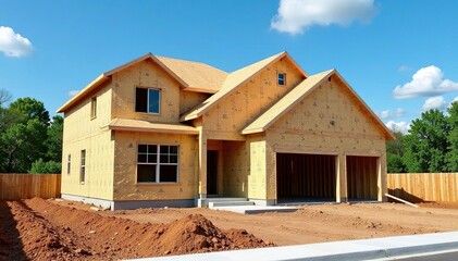 New suburban home construction, framing nearly complete, blue sky , lot, sky, real estate