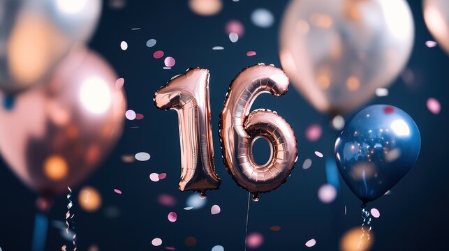 Balloon decoration with number 16 for birthday party celebration, colorful confetti on dark background, festive event, joyful atmosphere, special occasion d&Atilde;&copy;cor.