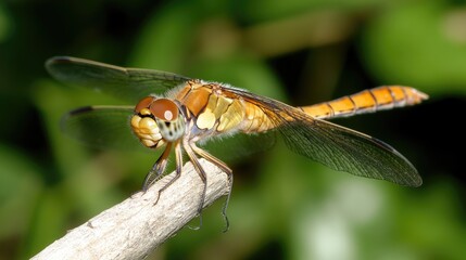 Close-up of a dragonfly perched on a twig