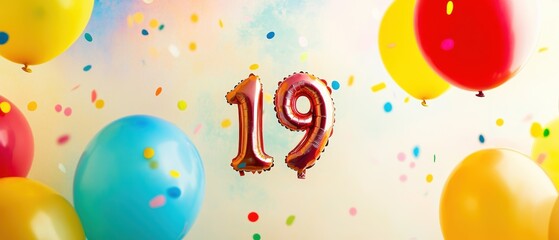 Colorful balloons and confetti celebrating 19th birthday party with festive decorations, cheerful atmosphere, and joyful moments for friends and family.