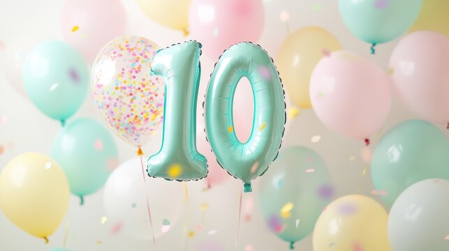 10th birthday celebration with colorful balloons and festive decorations for kids party, joyful event, family gathering, vibrant atmosphere, party essentials.