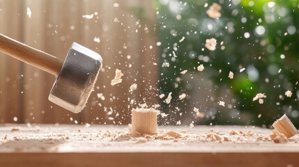 Hammer striking wood, splinters flying