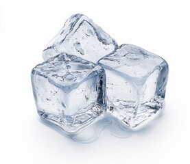 Obraz premium Three Ice Cubes Melt on White Surface with Clear Reflection