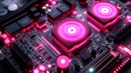 Obraz premium High-tech computer circuit board with glowing components