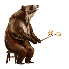 Big Brown bear roasting marshmallows, camping, on a holiday, hand drawn on a transparent background