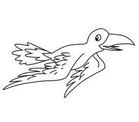Cute cartoon hand drawn vector funny crow flying coloring page.