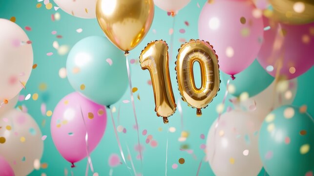Colorful celebration balloons with gold number 10 surrounded by confetti on bright background for birthday party events, milestones, festive decor, and celebrations.
