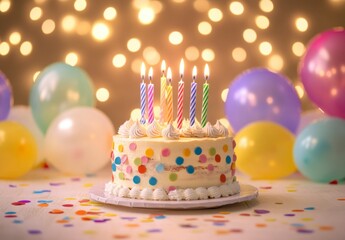 Colorful birthday cake with candles and festive balloons in background