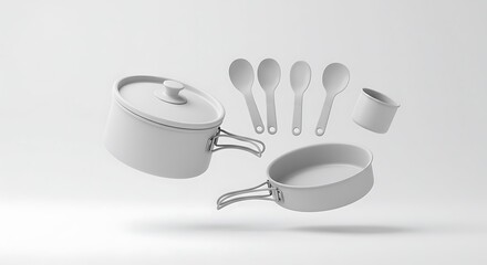 Floating Cookware Set with Pot Pan Spoons and Cup on White Background