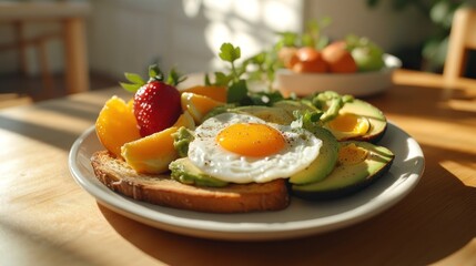 Breakfast toast with fried egg and avocado