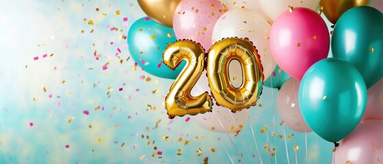 Colorful birthday balloons with gold number 20 and confetti on festive background for celebration, party decoration, milestone event, joyful moments.