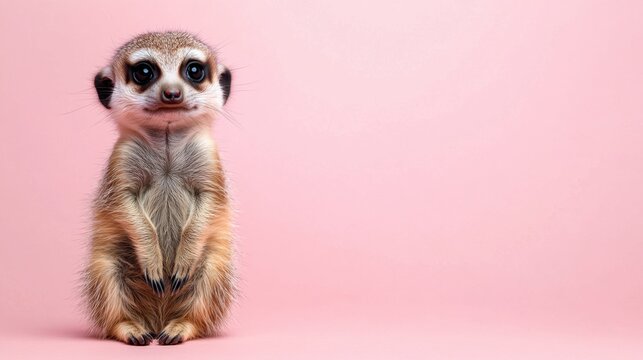 Lindo retrato de cuerpo entero de suricata beb&eacute; sobre fondo rosa claro para educaci&oacute;n sobre la vida silvestre y protecci&oacute;n animal.
