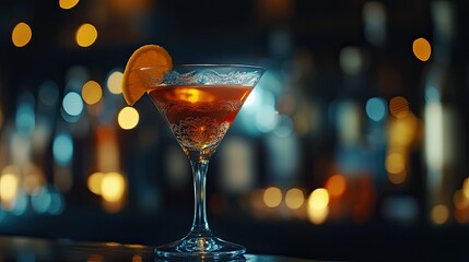 A close-up of a martini glass filled with a dark cocktail, garnished with a curled orange peel.