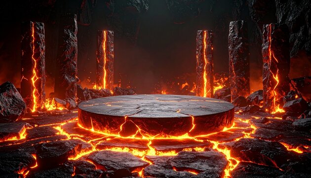 Volcanic platform with fiery cracks and pillars