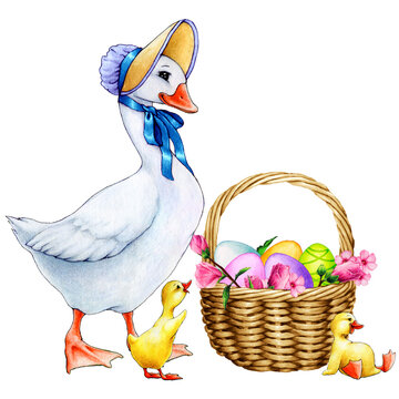 illustration of goose family with easter basket