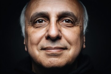 Fototapeta premium Portrait of an older man with gray hair, smiling softly, facing the camera against a dark background.