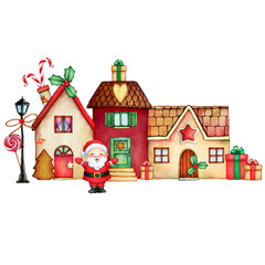 illustration of christmas houses with santa claus