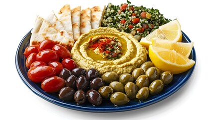 Mediterranean Mezze Platter with Hummus, Olives, Tomatoes, and Pita