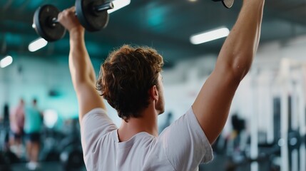 Fototapeta premium Man lifts weights in a gym during workout session focused on strength training and fitness goals