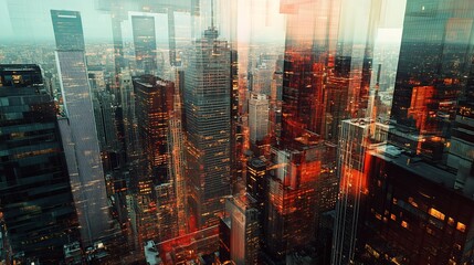 Urban Skyline: A Cityscape in Warm Hues and Layered Perspectives