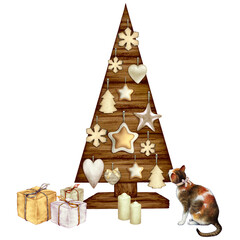 illustration of christmas tree with a kitten and presents