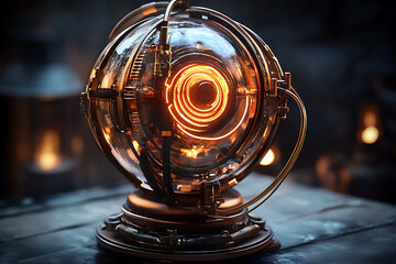 Glowing orb with intricate metal framework and a circular light source inside on a dark surface
