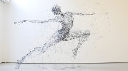 Wire sculpture of dancer in motion captures dynamic energy and grace with intricate lines forming human figure leaping forward in expressive pose