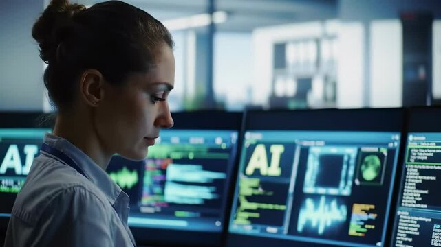 Caucasian Female Professional Analyzing AI Data on Multiple Monitors in Modern Office