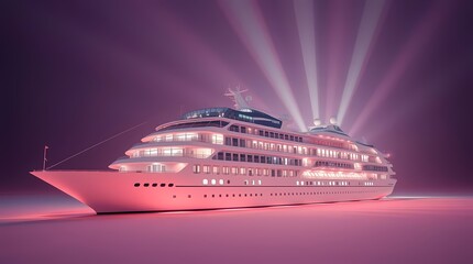 A large white cruise ship sits docked at night, illuminated by a spotlight