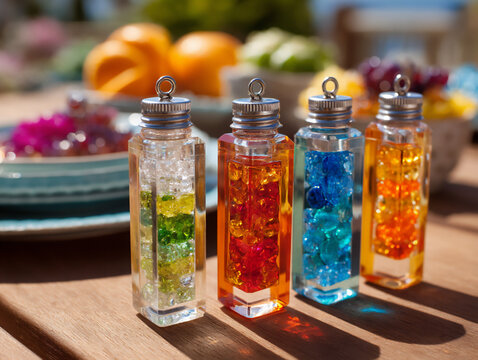 bright and educational diy tutorial style composite photograph collage showing the steps to create decorative wind chimes using cut plastic bottle pieces and colorful bea
