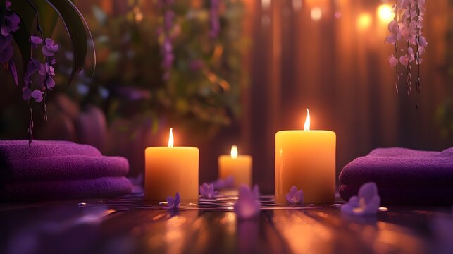 Soft glowing candles in a relaxing spa environment - Powered by Adobe