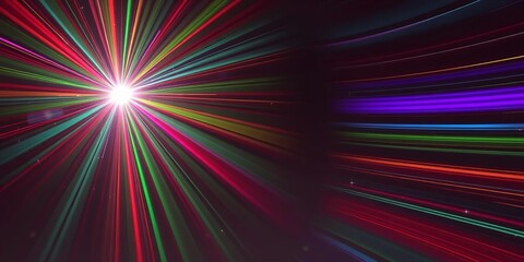 Obraz premium Radiant rainbow light burst with crystal sparkles, holographic flare, speed lines, neon reflections on white, prism, color explosion