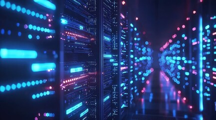Obraz premium Colorful high-tech data center with blue and pink glowing server racks, great for cloud services, AI systems, digital storage, and futuristic technology-themed content