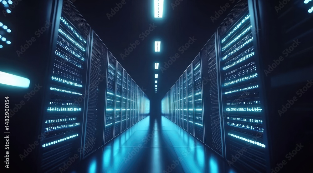 Aufkleber Symmetrical view of glowing server racks in a high-tech data center hallway, ideal for illustrating cloud infrastructure, AI processing, and digital storage environments